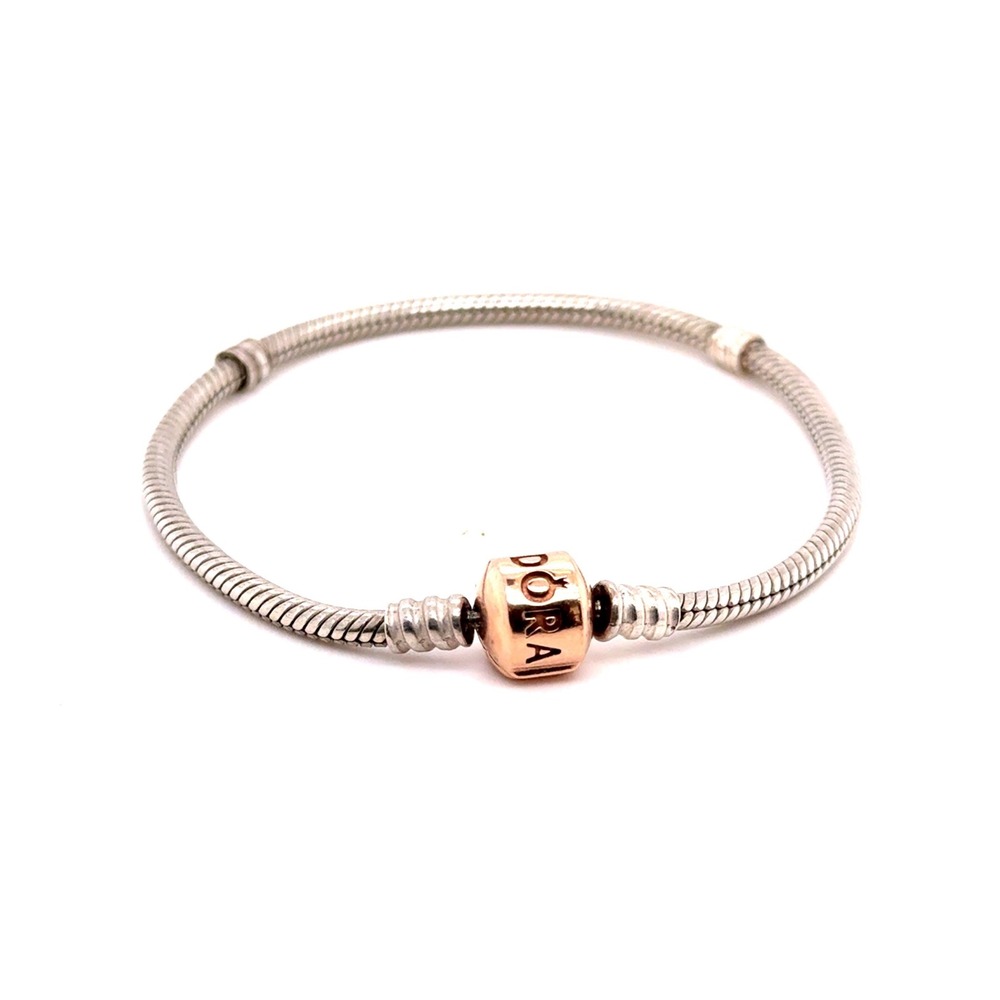 Pandora Moments Snake Chain Bracelet Sterling Silver Rose Gold Clasp ALE R 7.5"